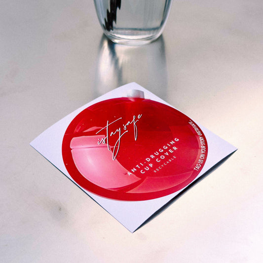 RedI STAYSAFE cup cover, placed on a reflective surface. Front view